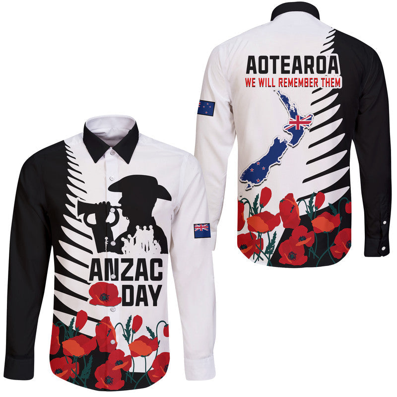 New Zealand ANZAC Day Hawaii Long Sleeve Button Shirt Military Silver Ferns and Red Poppy