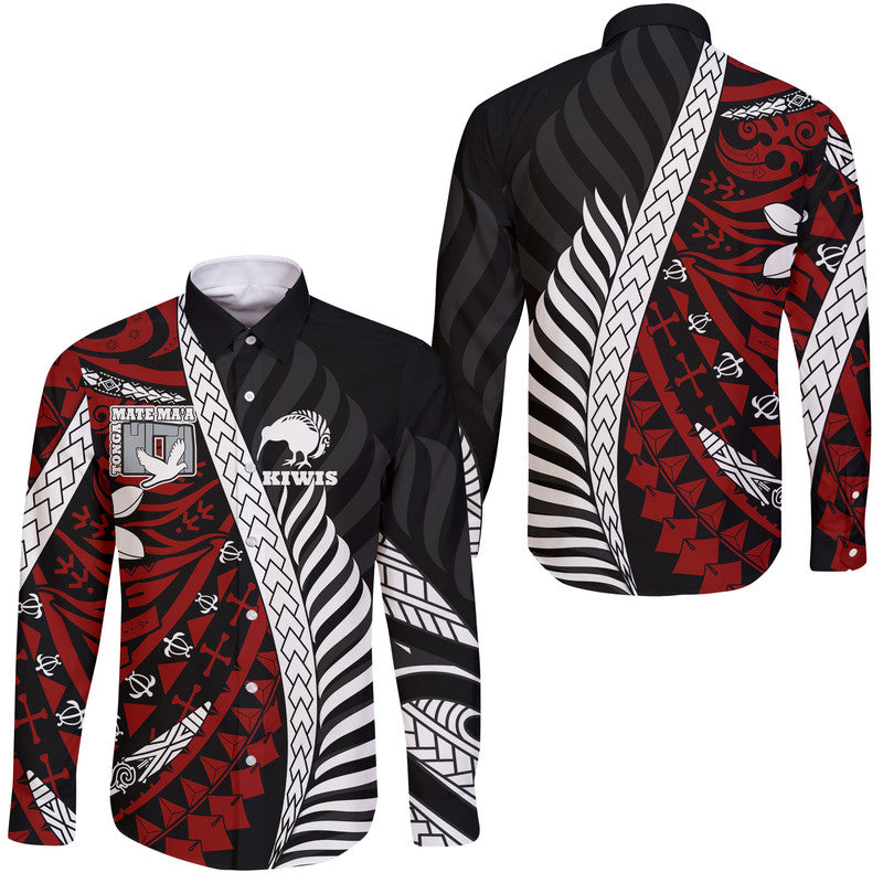 Mate Ma'a Tonga Mixed Aotearoa Kiwis Rugby Hawaii Long Sleeve Button Shirt Silver Fern Mixed Polynesian Style