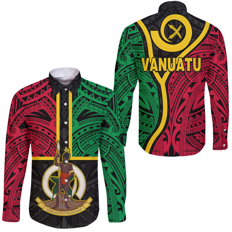 Vanuatu Hawaii Long Sleeve Button Shirt Tribal Vanuatu Coat Of Arms Flag Style