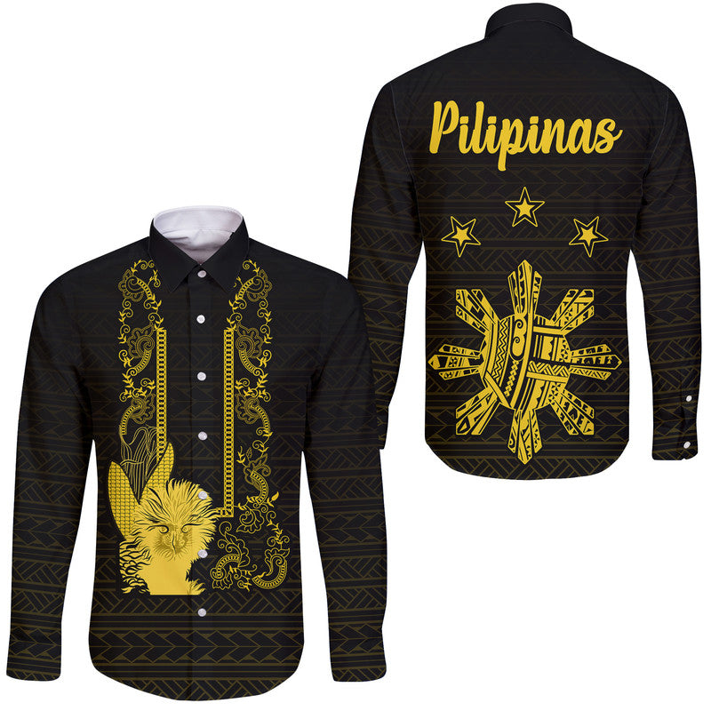 Philippines Eagle Barong Hawaii Long Sleeve Button Shirt Filipino Eight Rayed Gold Sun