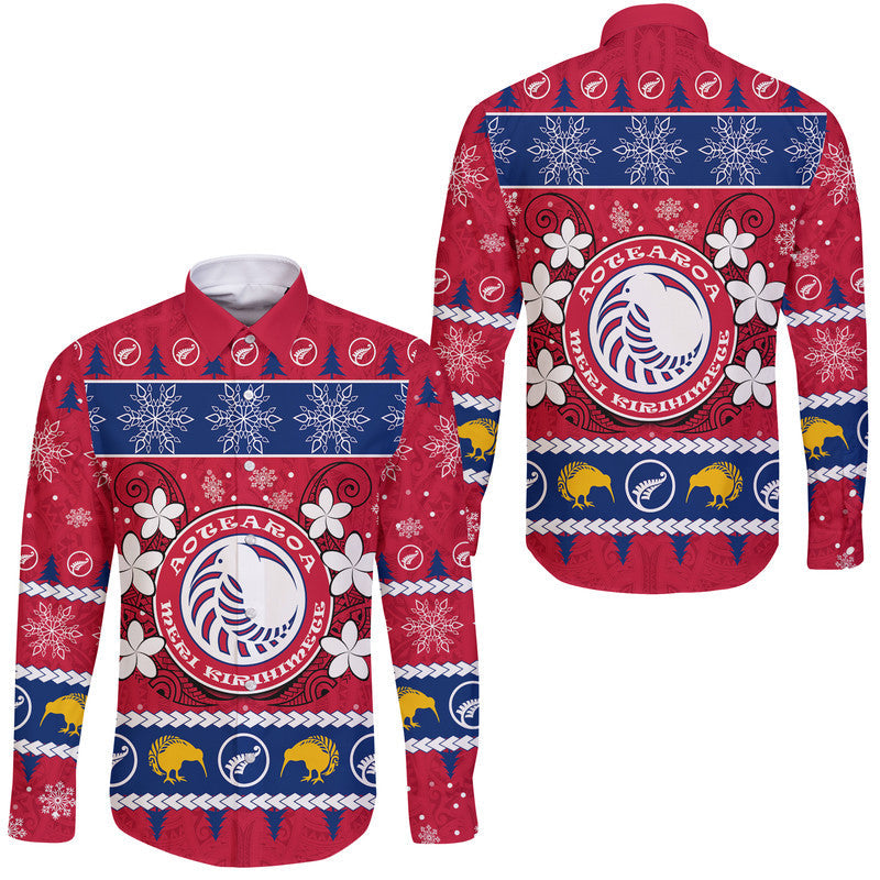 New Zealand Aotearoa Meri Kirihimete Hawaii Long Sleeve Button Shirt Maori Kiwi Christmas
