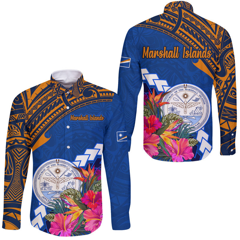 Marshall Islands Coat of Arms Hawaii Long Sleeve Button Shirt Polynesian Tropical