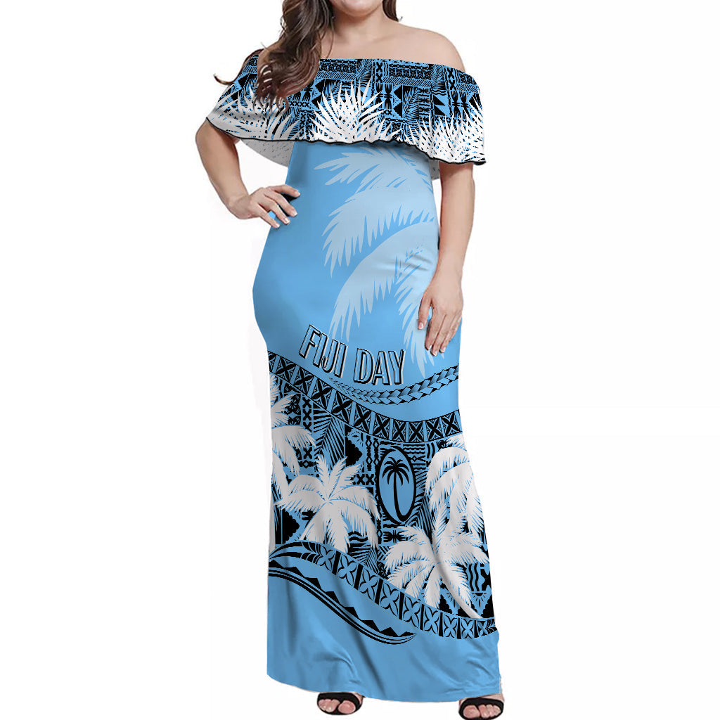 Fiji Day Off Shoulder Long Dress Flying Fijians Masi Kesa Style Turquoise