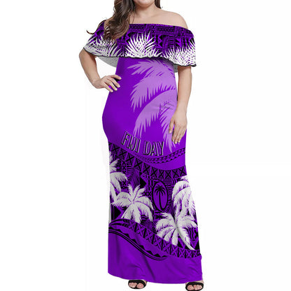Fiji Day Off Shoulder Long Dress Flying Fijians Masi Kesa Style Violet