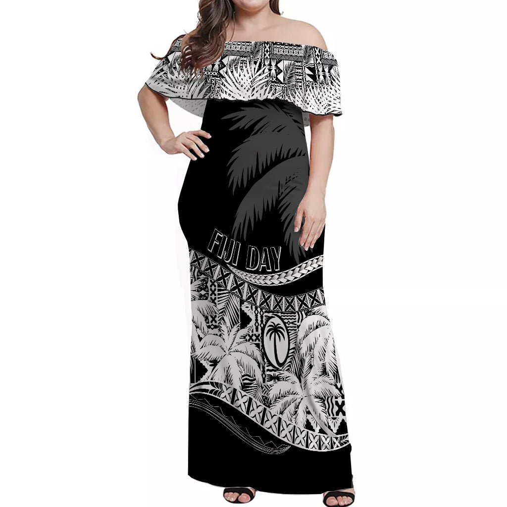 Fiji Day Off Shoulder Long Dress Flying Fijians Masi Kesa Style Black