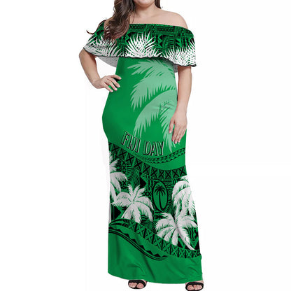 Fiji Day Off Shoulder Long Dress Flying Fijians Masi Kesa Style Green