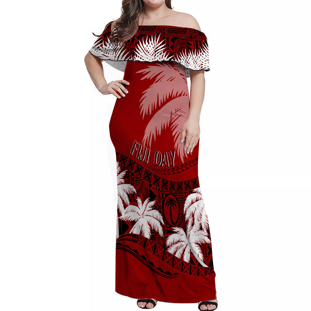 Fiji Day Off Shoulder Long Dress Flying Fijians Masi Kesa Style Red