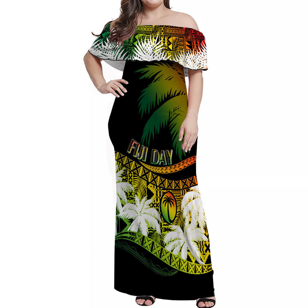 Fiji Day Off Shoulder Long Dress Flying Fijians Masi Kesa Style Reggae
