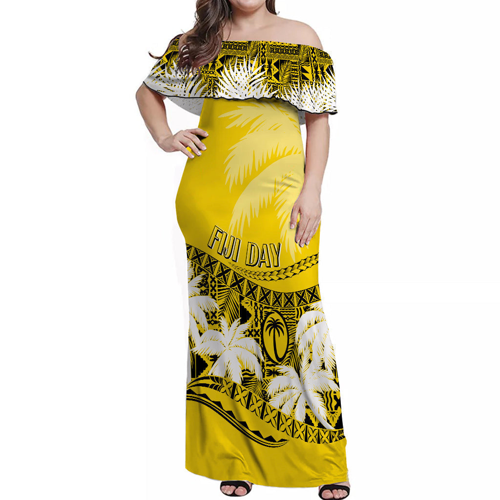 Fiji Day Off Shoulder Long Dress Flying Fijians Masi Kesa Style Gold