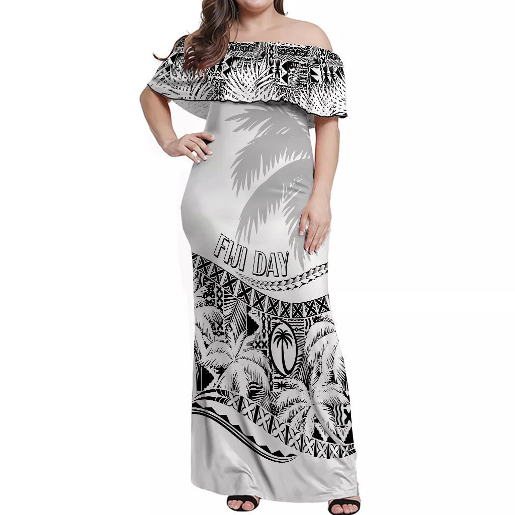Fiji Day Off Shoulder Long Dress Flying Fijians Masi Kesa Style White