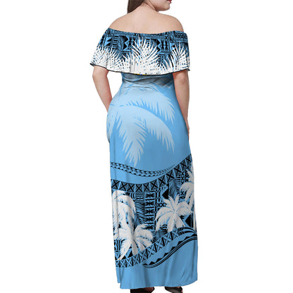 Fiji Day Off Shoulder Long Dress Flying Fijians Masi Kesa Style Turquoise