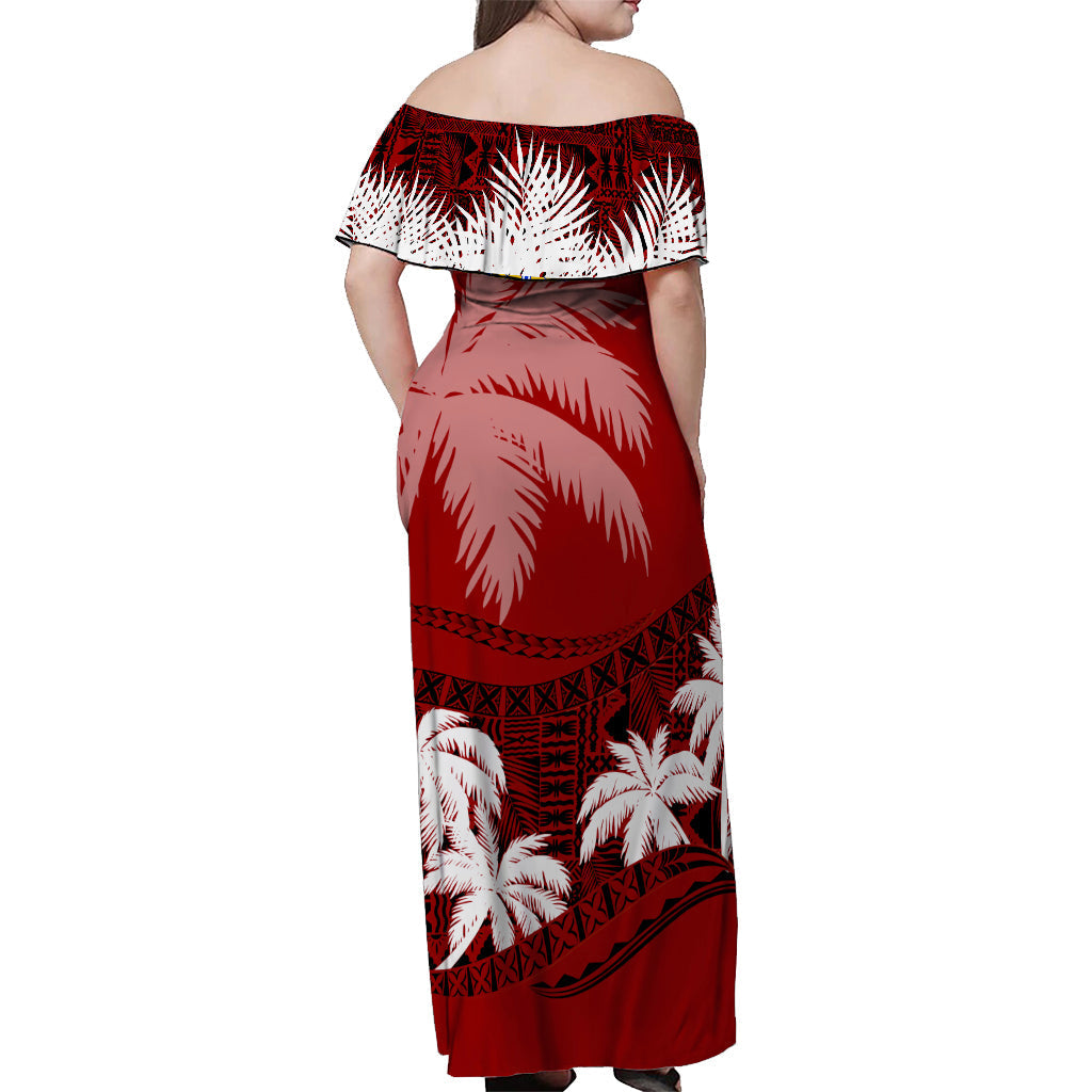Fiji Day Off Shoulder Long Dress Flying Fijians Masi Kesa Style Red