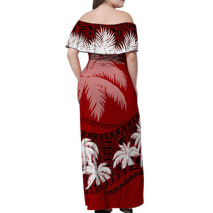 Fiji Day Off Shoulder Long Dress Flying Fijians Masi Kesa Style Red