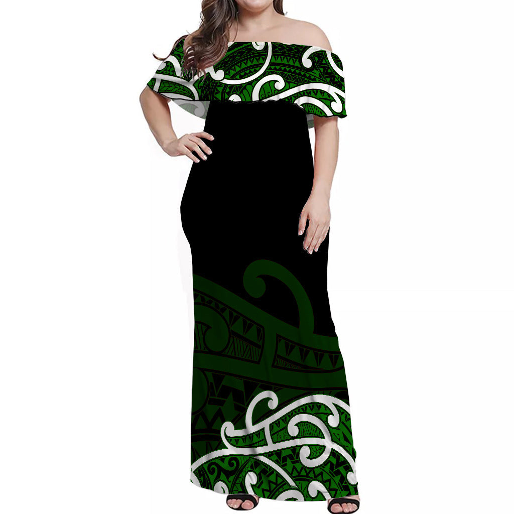 Maori Off Shoulder Long Dress Tino Moku Curves Special Green