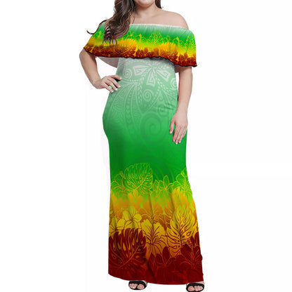 Polynesian Pride Dress Tribal Polynesian Ombre Reggae Dip Dye Off Shoulder Long Dress