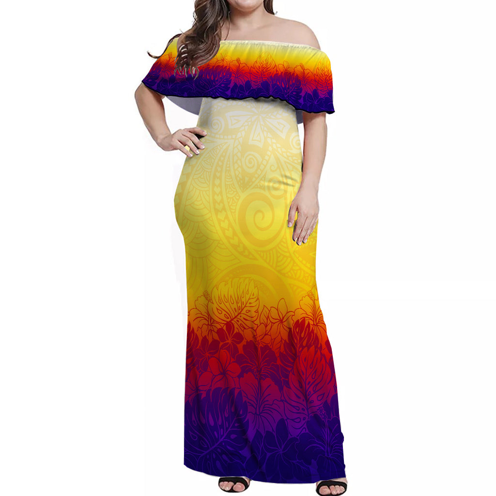 Polynesian Pride Dress Tribal Polynesian Ombre Sunset Dip Dye Off Shoulder Long Dress