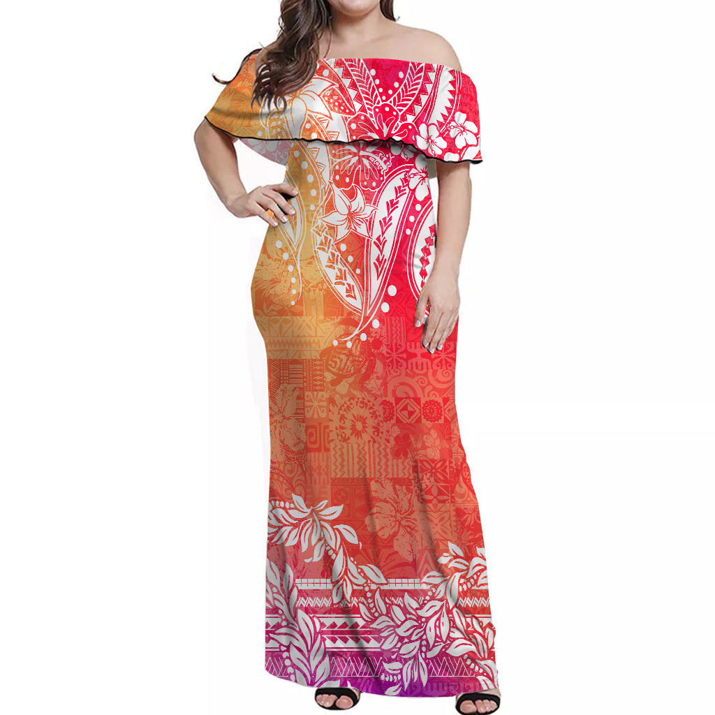Polynesian Off Shoulder Long Dress Tapa Plumeria Style Sunset
