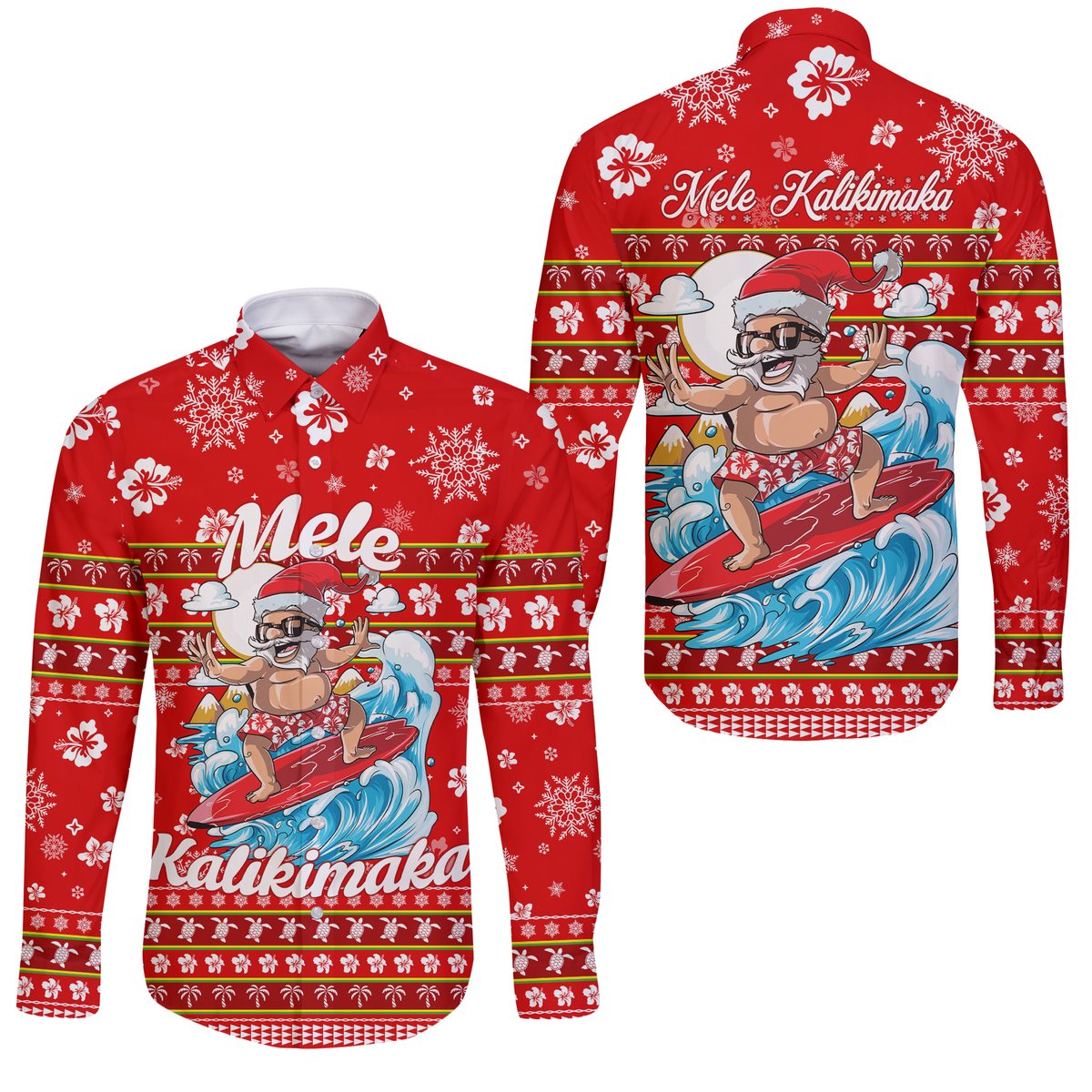 Hawaii Christmas Santas Surf Mele Kalikimaka Sleeve Button Shirt