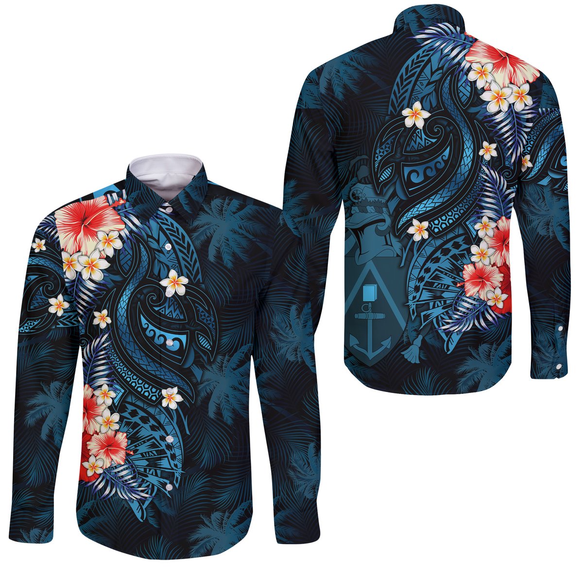 Pitcairn Islands Coconut Tree Turtle Polynesia Long Sleeve Button Shirt