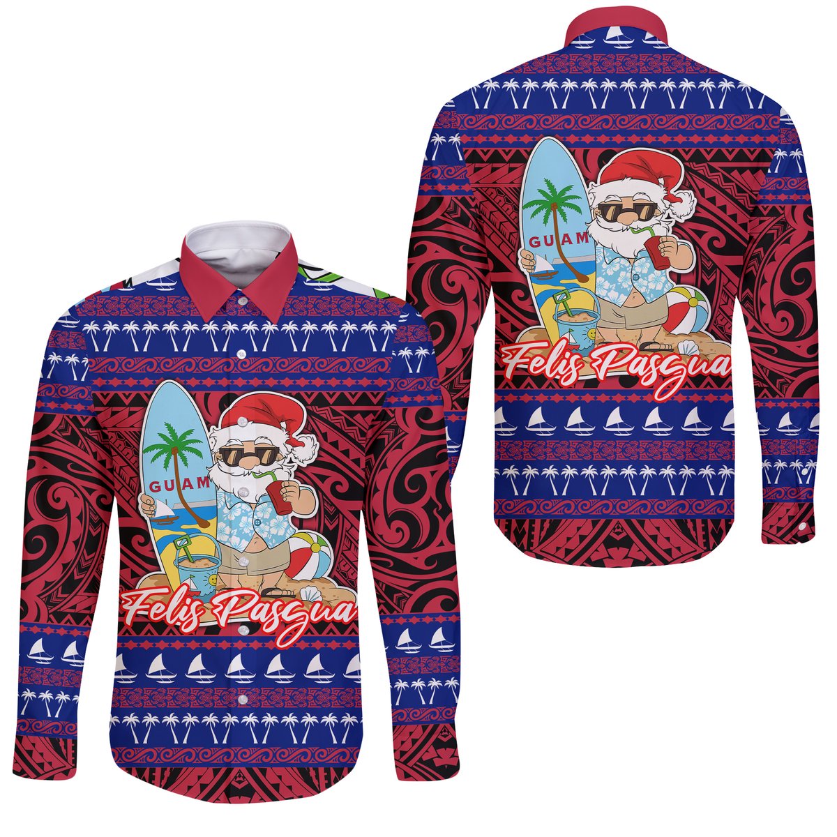Guam Christmas Felis Pasgua Santas Guam Surf Board Long Sleeve Button Shirt