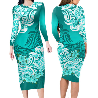 Polynesian Matching Outfit For Couples Floral Tribal Turqouise Style Bodycon Dress And Hawaii Shirt