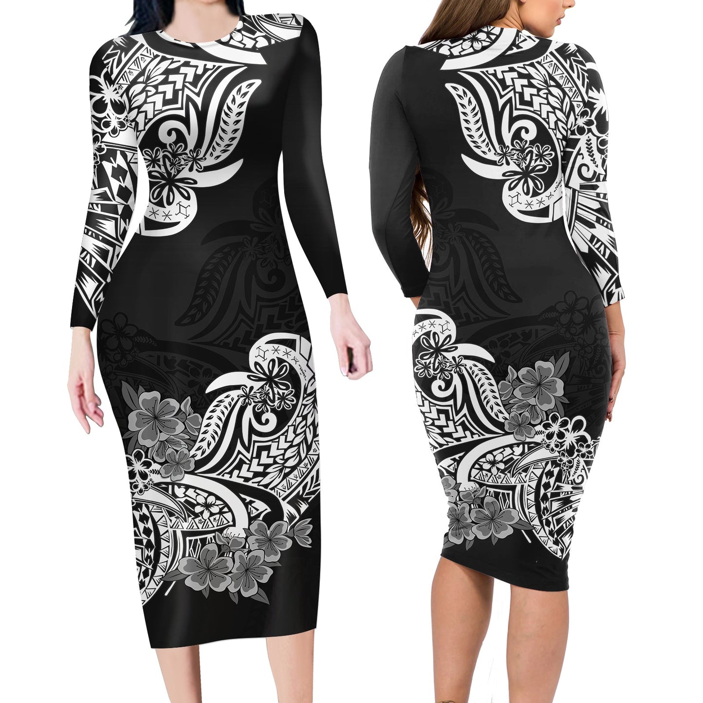 Polynesian Matching Outfit For Couples Floral Tribal Black Style Bodycon Dress And Hawaii Shirt