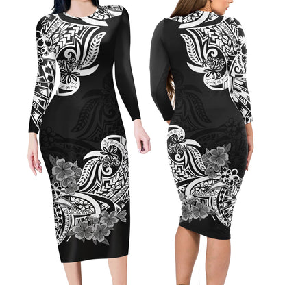 Polynesian Matching Outfit For Couples Floral Tribal Black Style Bodycon Dress And Hawaii Shirt