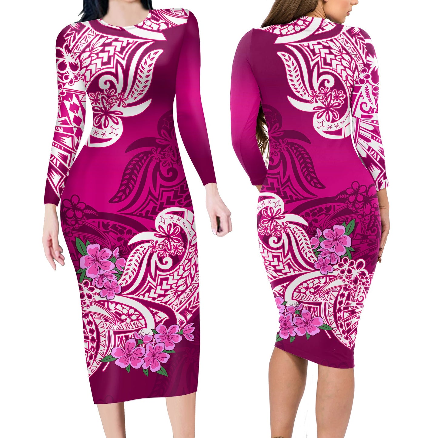 Polynesian Matching Outfit For Couples Floral Tribal Pink Style Bodycon Dress And Hawaii Shirt