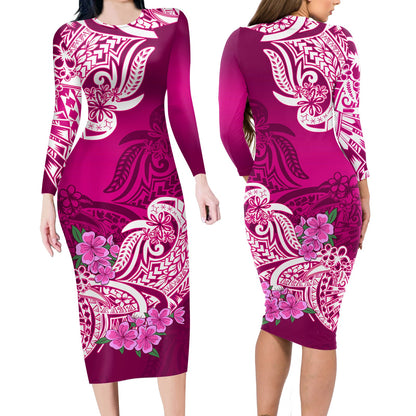 Polynesian Matching Outfit For Couples Floral Tribal Pink Style Bodycon Dress And Hawaii Shirt