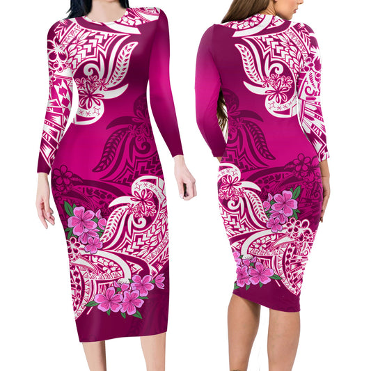 Polynesian Matching Outfit For Couples Floral Tribal Pink Style Bodycon Dress And Hawaii Shirt