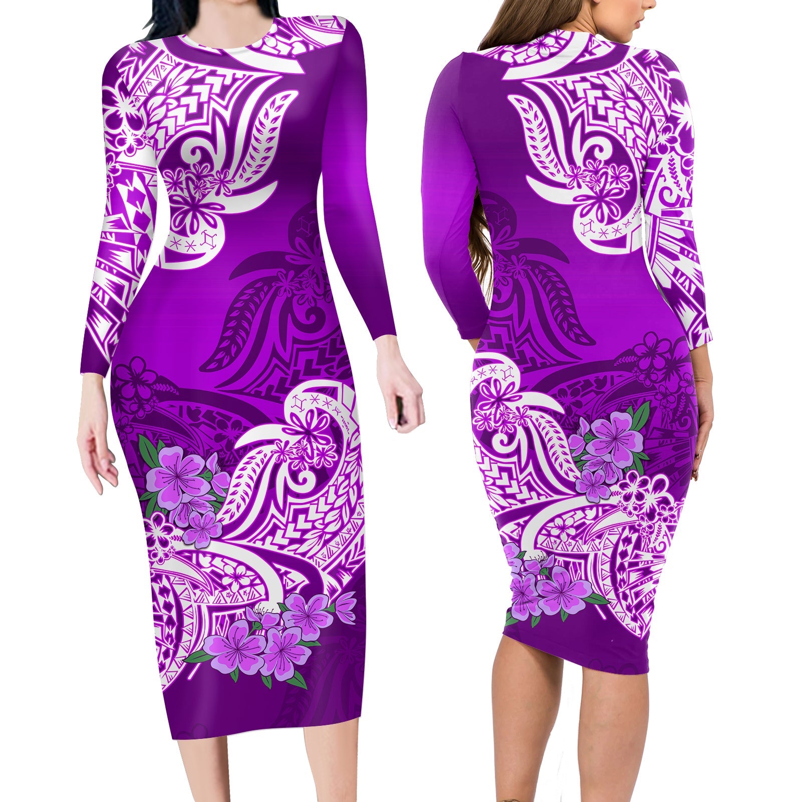 Polynesian Matching Outfit For Couples Floral Tribal Purple Style Bodycon Dress And Hawaii Shirt
