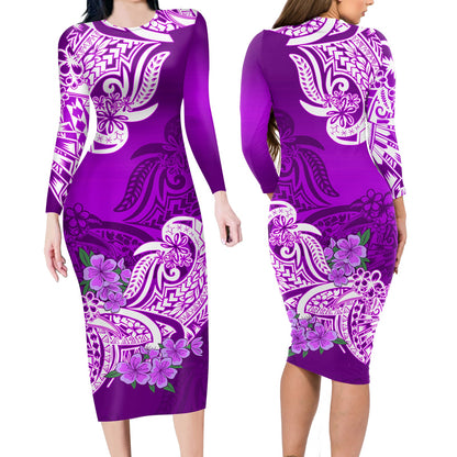 Polynesian Matching Outfit For Couples Floral Tribal Purple Style Bodycon Dress And Hawaii Shirt