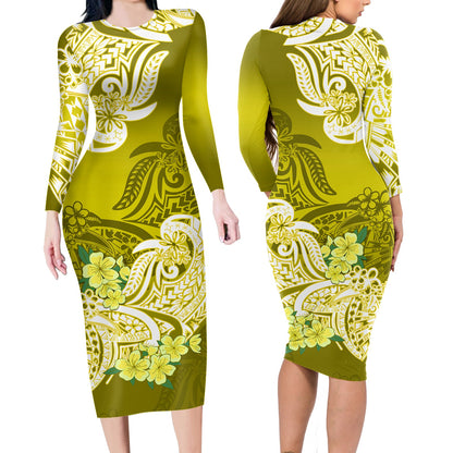 Polynesian Matching Outfit For Couples Floral Tribal Yellow Style Bodycon Dress And Hawaii Shirt