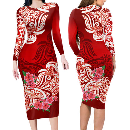 Polynesian Matching Outfit For Couples Floral Tribal Red Style Bodycon Dress And Hawaii Shirt