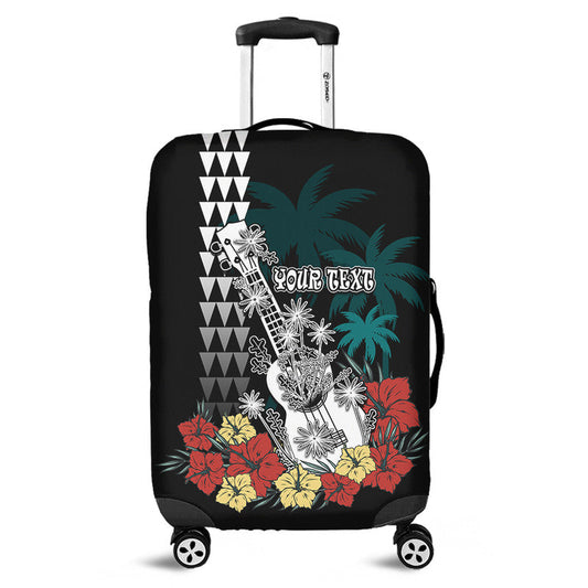 (Custom Personalised) Hawaii Ukulele Mix Hibiscus and Coconut Tree Luggage Cover Aloha Vintage Black Version