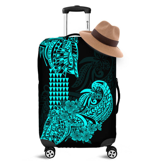 Hawaii Kakau Luggage Cover Polynesian Floral Tribal Aqua Version