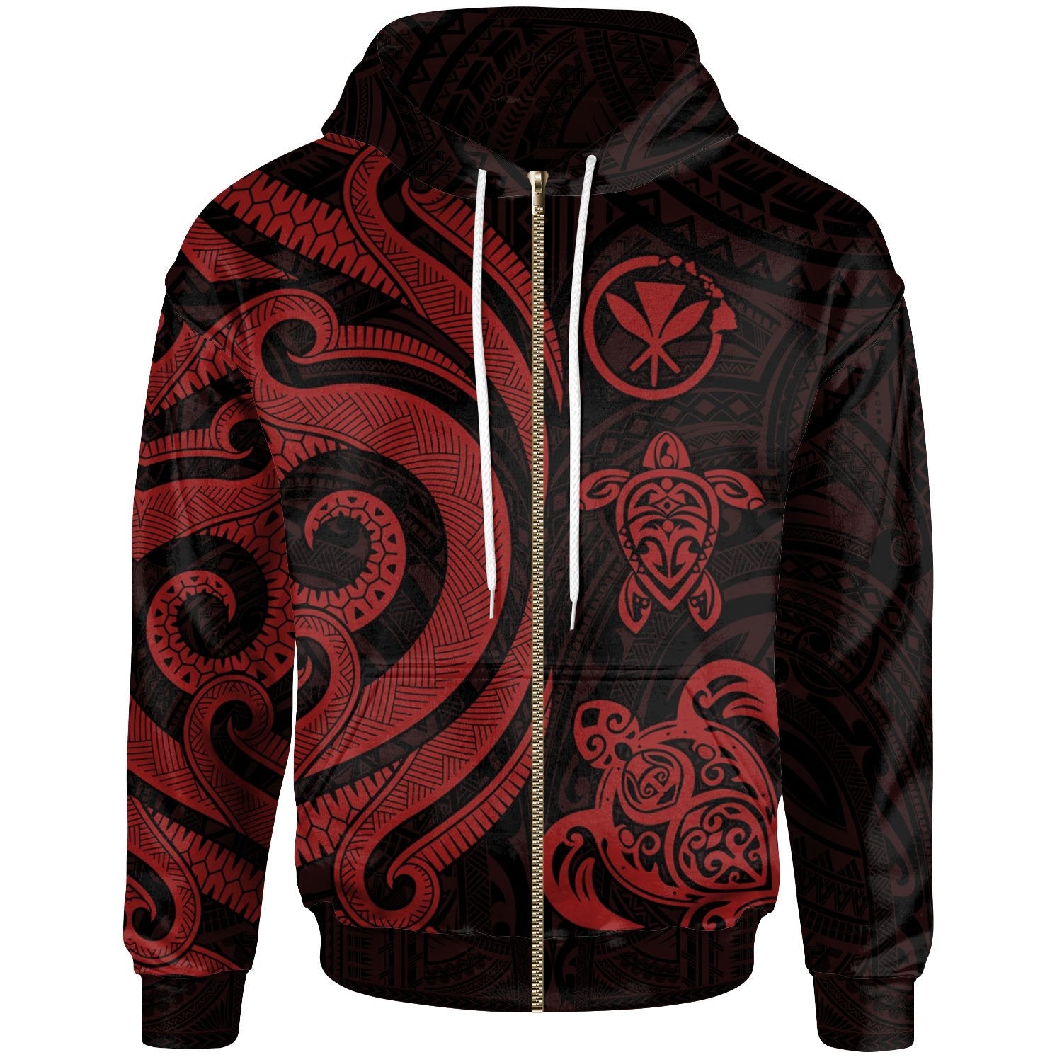 Polynesian Hawaii Zip Up Hoodie Red Tentacle Turtle