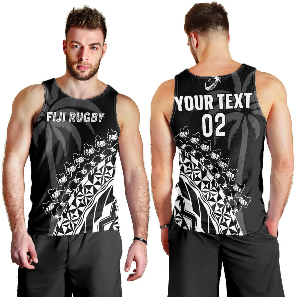 Custom Text And Number Fiji Rugby Men Tank Top Fijian Cibi Dance Tapa Pattern Black