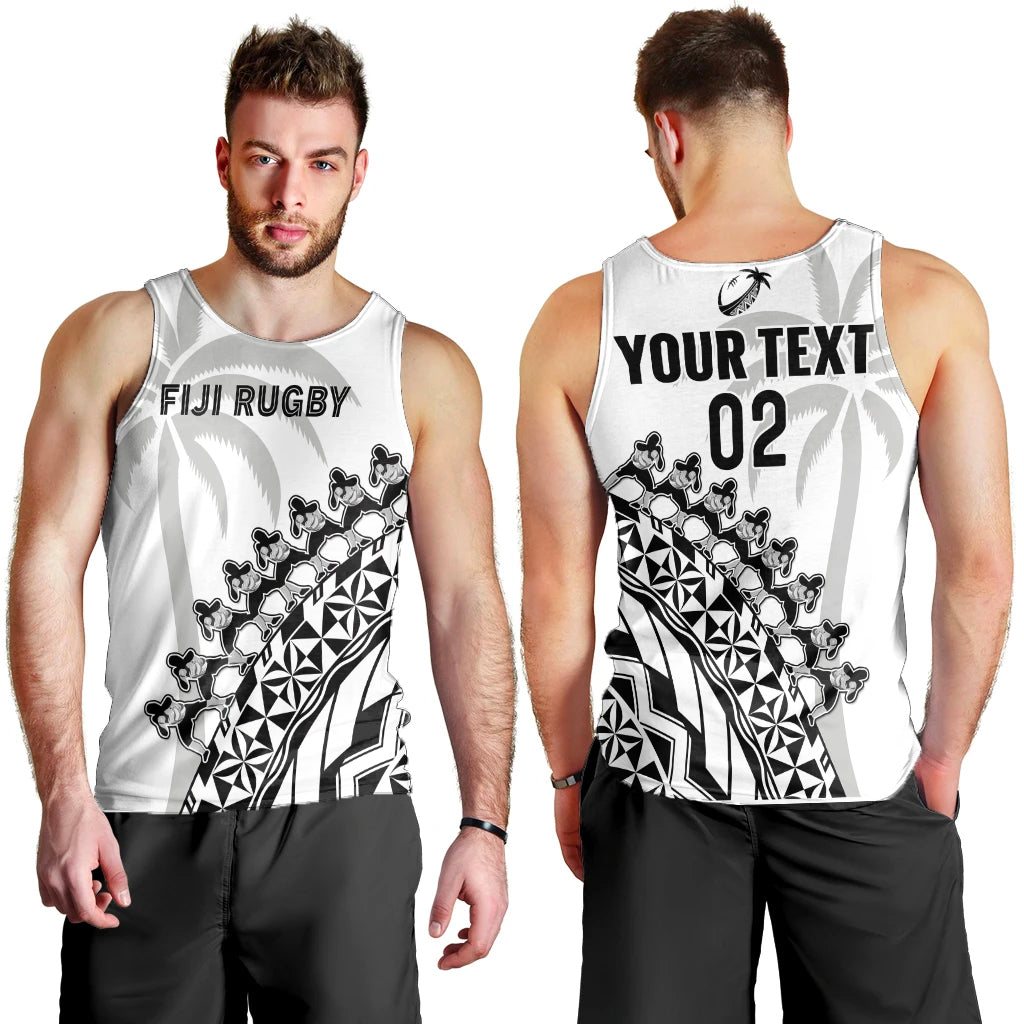 Custom Text And Number Fiji Rugby Men Tank Top Fijian Cibi Dance Tapa Pattern White