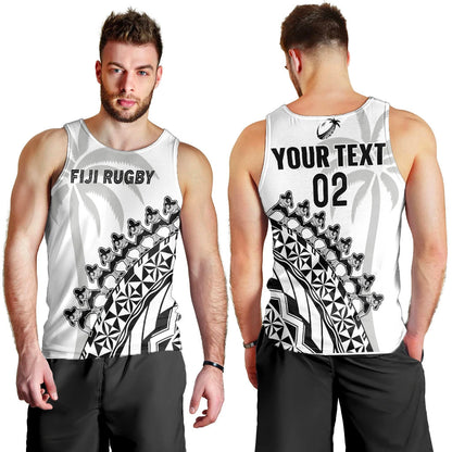 Custom Text And Number Fiji Rugby Men Tank Top Fijian Cibi Dance Tapa Pattern White