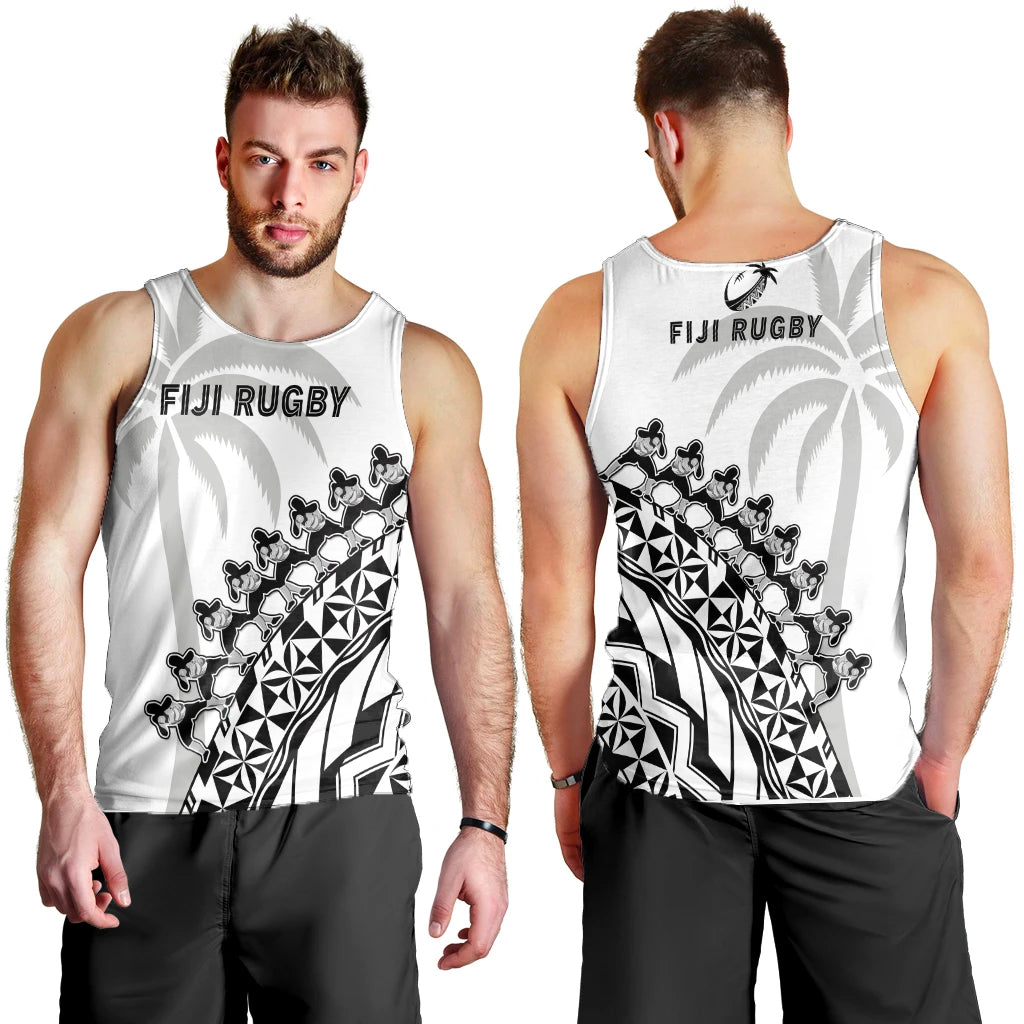 Fiji Rugby Men Tank Top Fijian Cibi Dance Tapa Pattern White