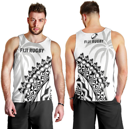Fiji Rugby Men Tank Top Fijian Cibi Dance Tapa Pattern White
