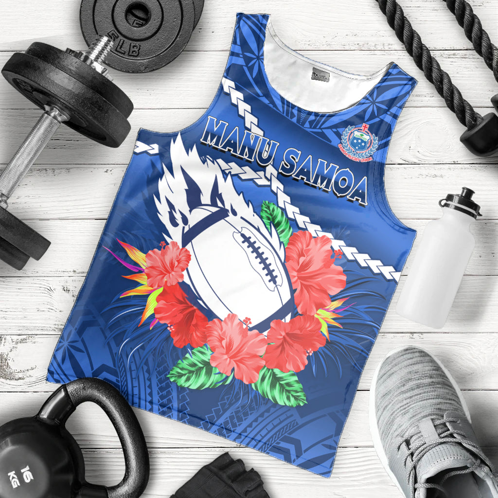 Custom Text And Number Samoa Rugby Men Tank Top Manu Samoa Polynesian Hibiscus Blue Style