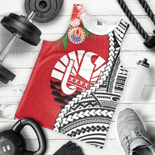 Tahiti Islands Men Tank Top Polynesian Shark Mix Tropical Flowers