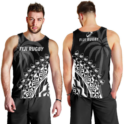 Fiji Rugby Men Tank Top Fijian Cibi Dance Tapa Pattern Black