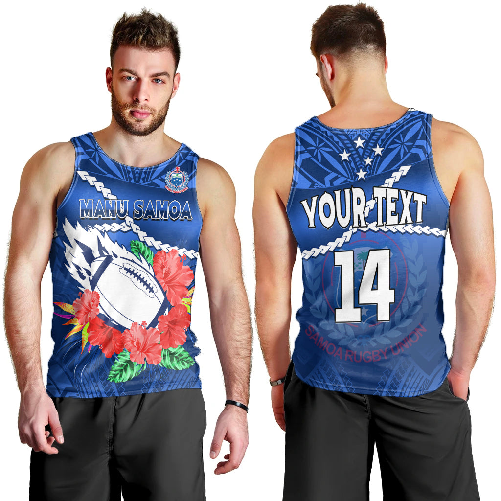 Custom Text And Number Samoa Rugby Men Tank Top Manu Samoa Polynesian Hibiscus Blue Style