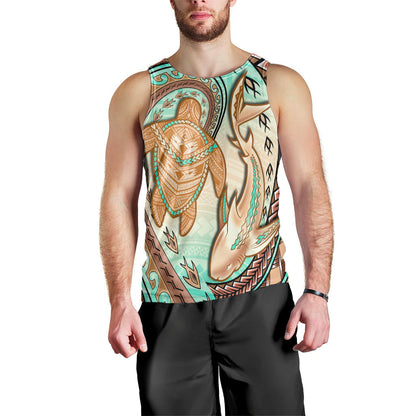 Hawaii Men Tank Top Polynesian Shark And Sea Turtle Dreamy Turquoise Artsy