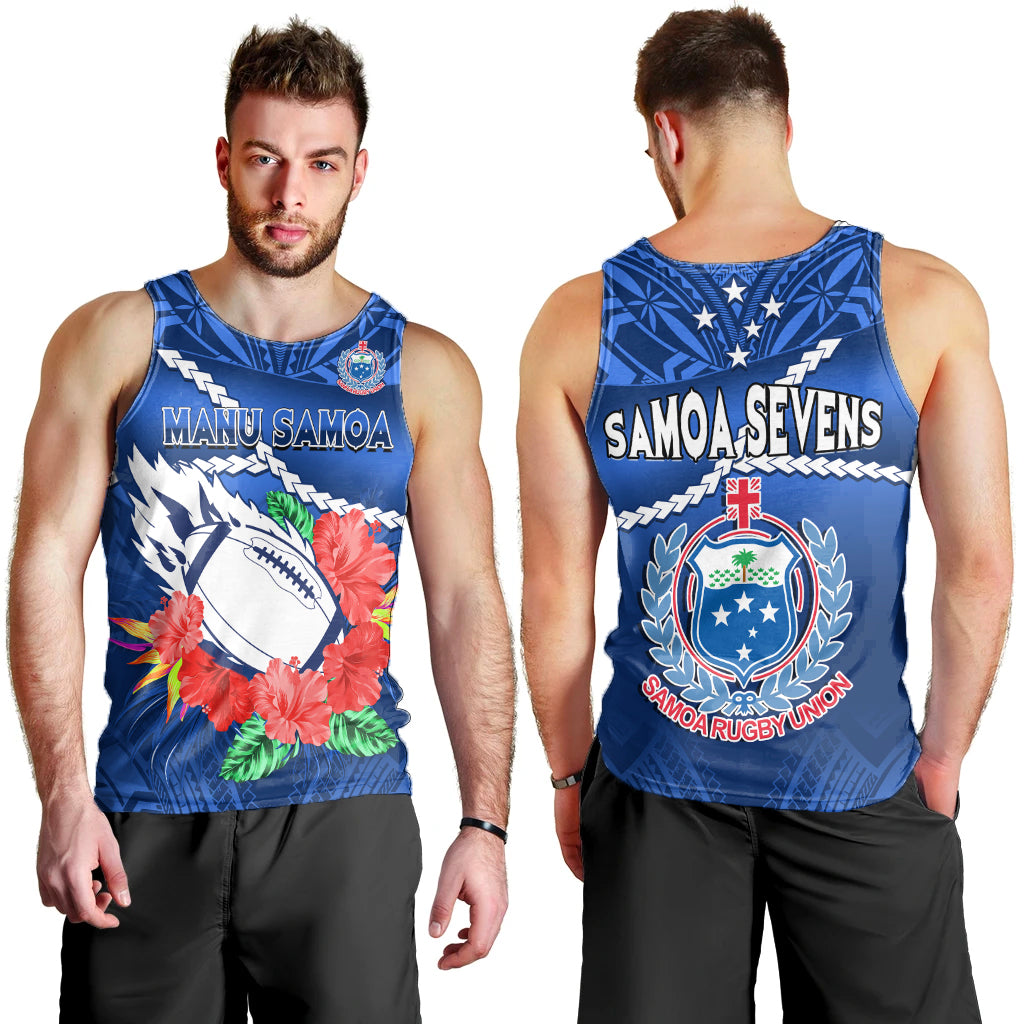 Samoa Rugby Men Tank Top Manu Samoa Polynesian Hibiscus Blue Style