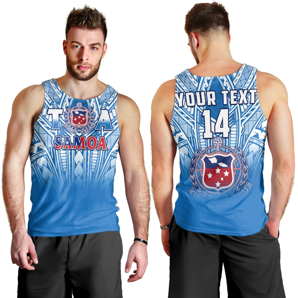 Custom Text And Number Samoa Rugby Men Tank Top Personalise Toa Samoa Polynesian Pacific Blue Version