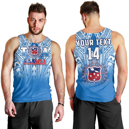Custom Text And Number Samoa Rugby Men Tank Top Personalise Toa Samoa Polynesian Pacific Blue Version